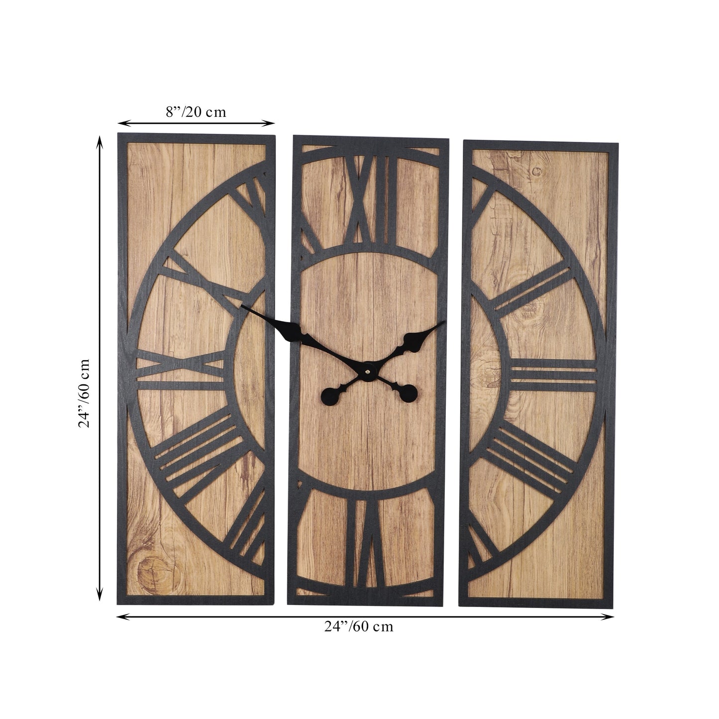 wc4 Brown Three-Piece Wooden Wall Clock with Roman Numerals