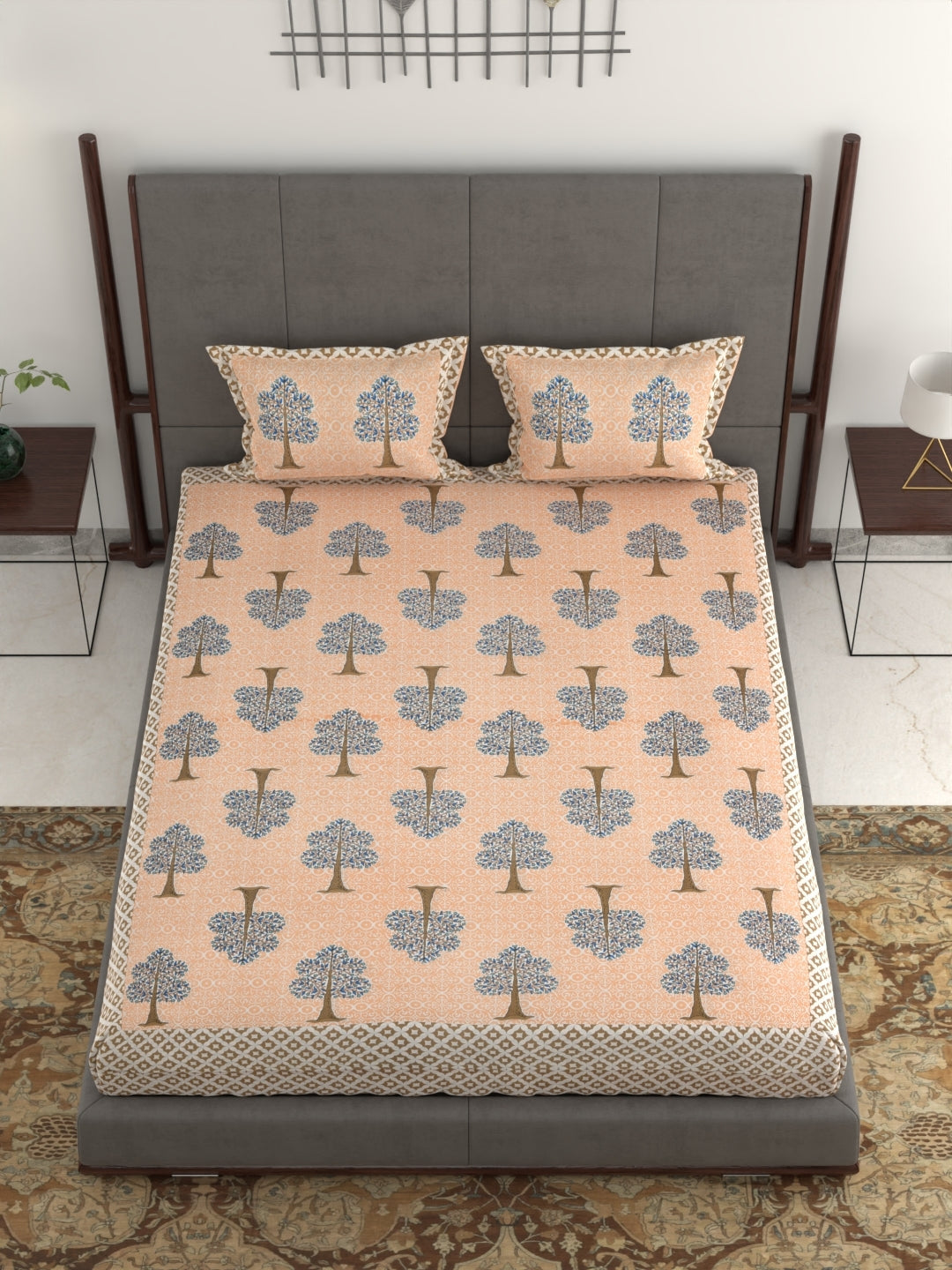 100% Pure Organic Cotton Fabric Jaipuri Hand Block Printed Jumbo King Size Double Bedsheet with 2 Pillow Covers, 240 TC II