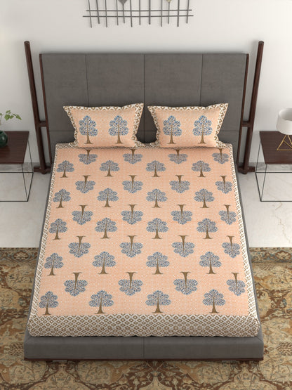 100% Pure Organic Cotton Fabric Jaipuri Hand Block Printed Jumbo King Size Double Bedsheet with 2 Pillow Covers, 240 TC II