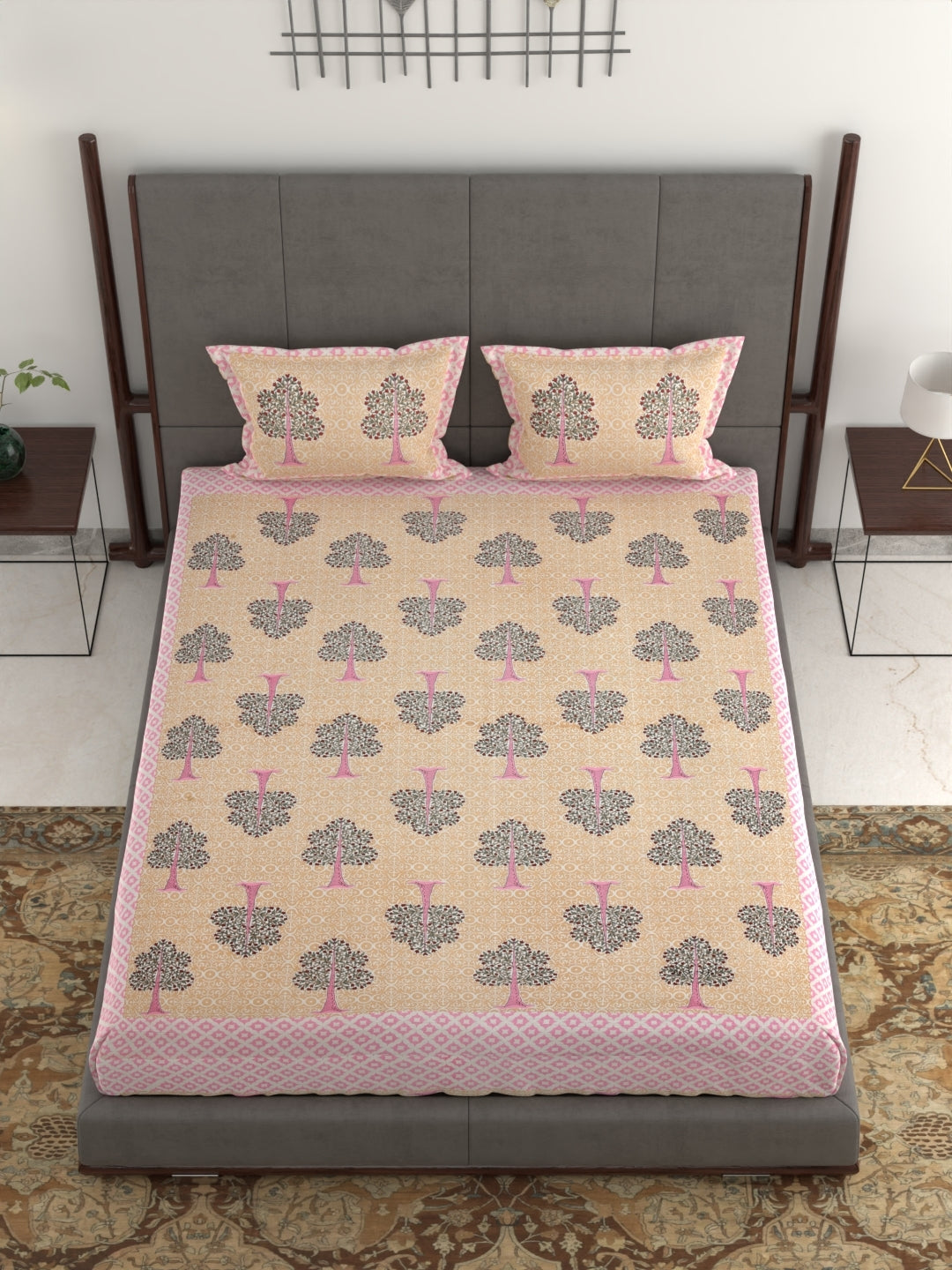 100% Pure Organic Cotton Fabric Jaipuri Hand Block Printed Jumbo King Size Double Bedsheet with 2 Pillow Covers, 240 TC II