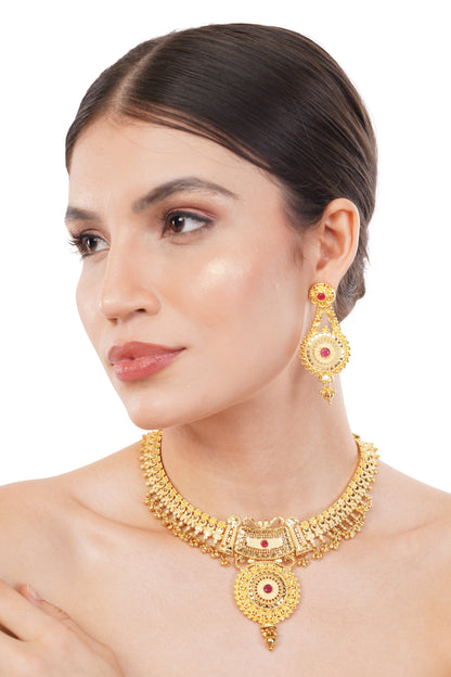 01 Elegant 1Gm Gold Necklace and Earring Set with Ruby Accents