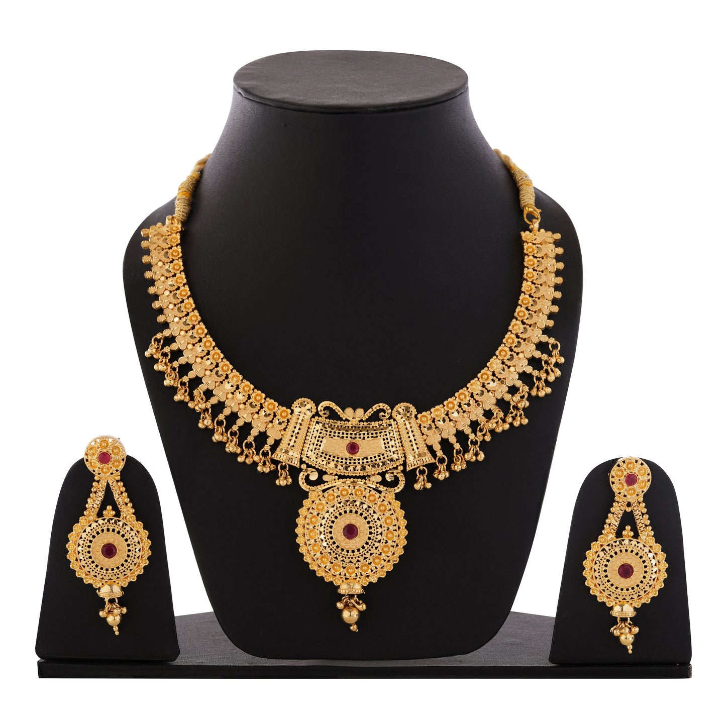 01 Elegant 1Gm Gold Necklace and Earring Set with Ruby Accents