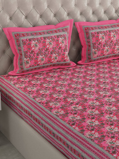 100% Cotton Hand Block Printed King Size Double Bedsheet with 2 Pillow Covers, 240 TC.