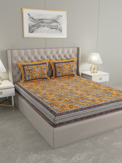 100% Cotton Hand Block Printed King Size Double Bedsheet with 2 Pillow Covers, 240 TC.