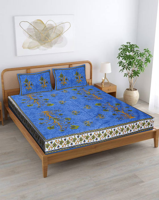 100% Pure Organic Cotton Fabric Hand Block Printed King Size Double Bedsheet with 2 Pillow Covers, 340 TC II