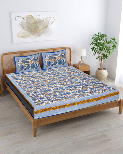 100% Pure Organic Cotton Fabric Hand Block Printed King Size Double Bedsheet with 2 Pillow Covers, 340 TC II