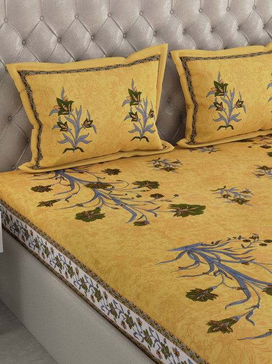 100% Pure Organic Cotton Fabric Hand Block Printed King Size Double Bedsheet with 2 Pillow Covers, 340 TC II