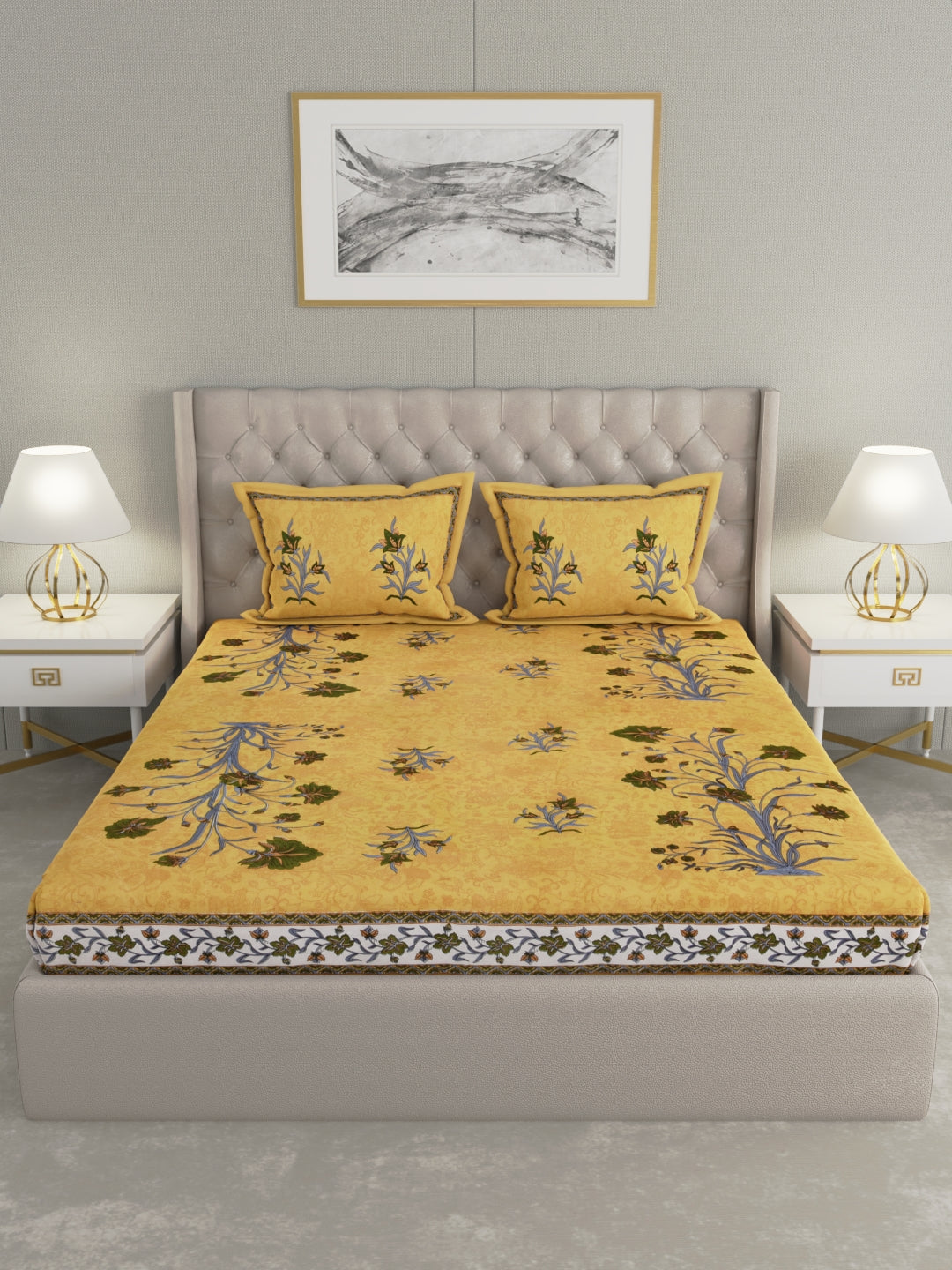 100% Pure Organic Cotton Fabric Hand Block Printed King Size Double Bedsheet with 2 Pillow Covers, 340 TC II