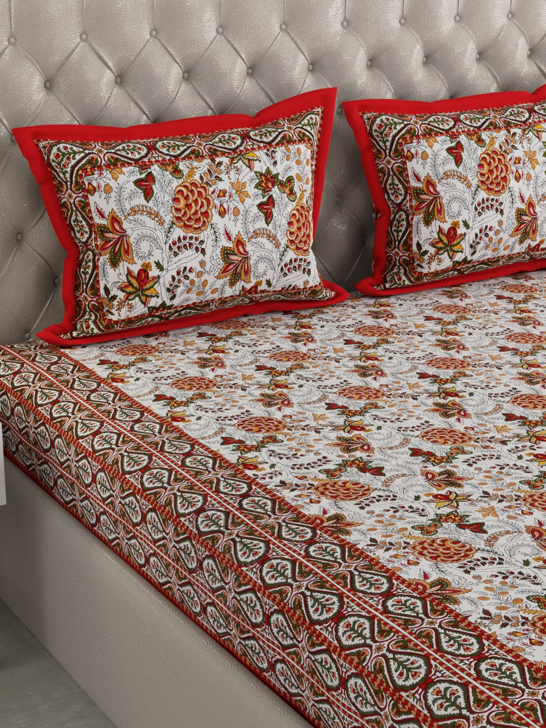 100% Pure Organic Cotton Fabric Hand Block Printed King Size Double Bedsheet with 2 Pillow Covers, 340 TC II