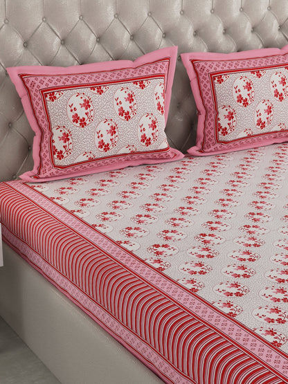 100% Pure Organic Cotton Fabric Hand Block Printed King Size Double Bedsheet with 2 Pillow Covers, 340 TC II